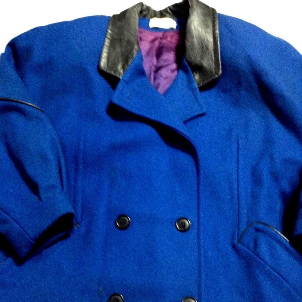 Vtg Fashions by JILL Blue Wool Coat Leather Trim Shoulder Pads L? 3/4 Sleeve 90s